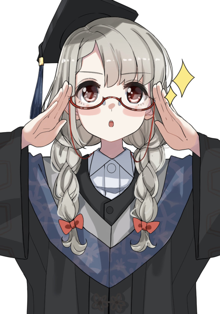 1girl bangs bespectacled black_headwear black_robe blush_stickers bow braid braided_bangs collared_shirt commentary_request dress_shirt eyebrows_visible_through_hair glasses grey_hair hair_bow hair_over_shoulder hands_up hat highres hisakawa_nagi idolmaster idolmaster_cinderella_girls idolmaster_cinderella_girls_starlight_stage long_sleeves low_twintails mortarboard parted_lips red-framed_eyewear red_bow robe semi-rimless_eyewear shirt shiwa_(siwaa0419) simple_background solo sparkle tilted_headwear twin_braids twintails under-rim_eyewear upper_body upper_teeth white_background white_shirt wide_sleeves