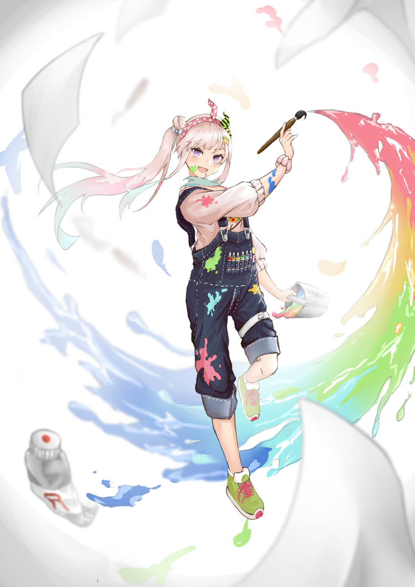 1girl absurdres airani_iofifteen bangs blue_hair bracelet bucket fairxw gradient_hair hair_bun hairband highres holding holding_bucket holding_paintbrush hololive hololive_indonesia jewelry long_hair long_sleeves multicolored_hair open_mouth overalls paint paint_splatter paintbrush pink_hair shoes side_ponytail sneakers solo violet_eyes virtual_youtuber