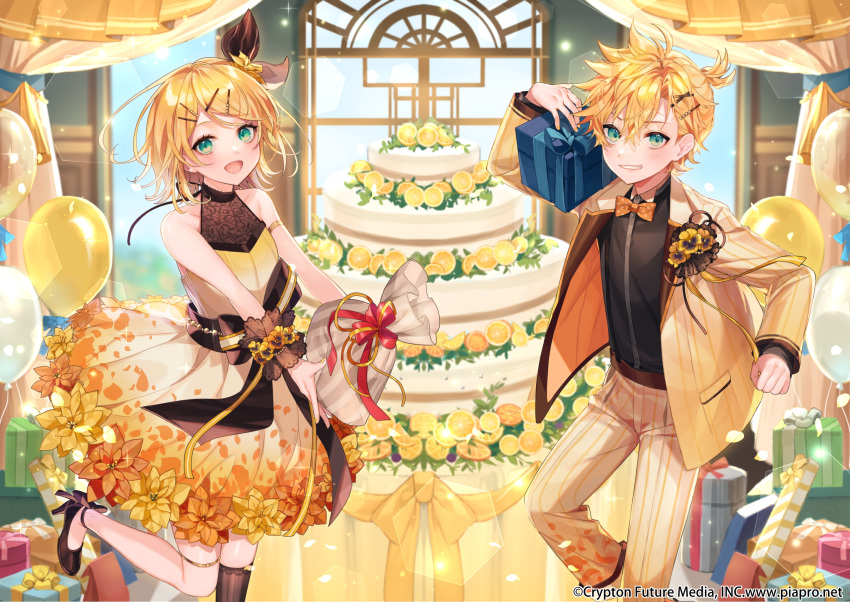 1boy 1girl aqua_eyes armlet bag balloon bangs bare_shoulders birthday birthday_cake black_bow black_shirt blonde_hair bow bowtie box cake carrying_over_shoulder crypton_future_media curtains day dress dress_flower food formal fruit gift gift_bag gift_box grin hair_bow hair_ornament hairclip hatsune_miku_graphy_collection highres holding holding_bag holding_box holding_gift indoors jacket kagamine_len kagamine_rin layered_cake looking_at_viewer official_art orange orange_neckwear orange_slice pants ribbon shinotarou_(nagunaguex) shirt short_ponytail sleeveless sleeveless_dress smile spiky_hair suit swept_bangs vocaloid white_bow window wrist_flower wristband yellow_dress yellow_jacket yellow_pants