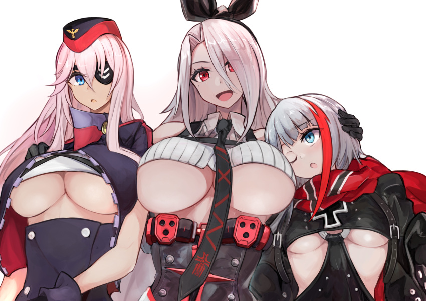 3girls :d :o ;o admiral_graf_spee_(azur_lane) anchor_symbol azur_lane bangs bare_shoulders black_dress black_eyepatch black_gloves black_hairband black_neckwear black_skirt blue_eyes breasts clothing_cutout collared_shirt commentary_request crop_top dress eyebrows_visible_through_hair eyepatch eyes_visible_through_hair garrison_cap gloves hair_between_eyes hair_over_one_eye hairband hand_on_another's_head hand_on_another's_shoulder hat height_difference high-waist_skirt highres iron_blood_(emblem) iron_cross jacket large_breasts long_hair long_sleeves looking_at_another looking_at_viewer marshall_k medium_breasts mole mole_under_eye multicolored multicolored_clothes multicolored_hair multicolored_jacket multiple_girls necktie neckwear_between_breasts o-ring one_eye_closed open_clothes open_jacket open_mouth parted_bangs pink_hair prinz_heinrich_(azur_lane) purple_jacket red_eyes red_scarf redhead ribbed_shirt scarf scharnhorst_(azur_lane) shirt short_hair short_sleeves sidelocks silver_hair simple_background skirt smile standing streaked_hair trait_connection under_boob underboob_cutout upper_body very_long_hair white_background white_shirt