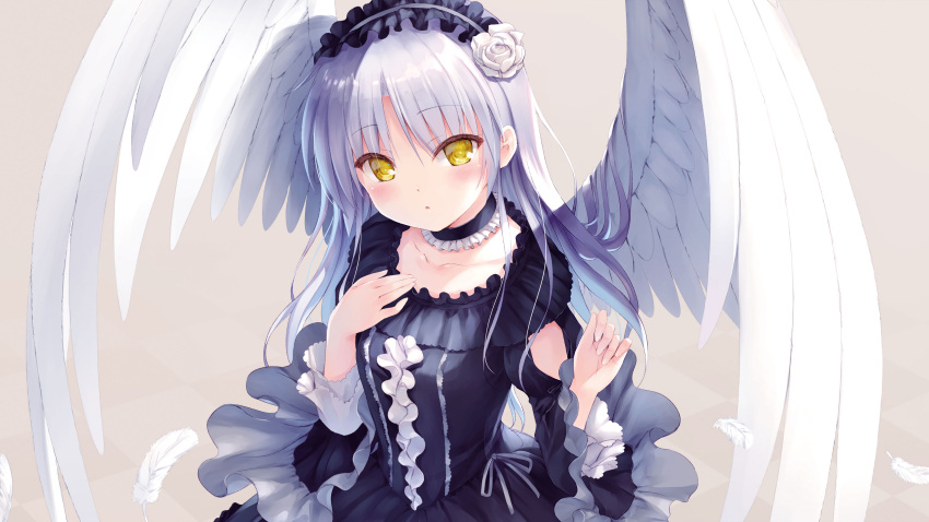1girl absurdres angel_beats! angel_wings bangs black_choker black_dress choker collarbone dress eyebrows_visible_through_hair feathered_wings flower gothic_lolita grey_background hair_between_eyes hair_flower hair_ornament headdress highres lolita_fashion long_hair long_sleeves looking_at_viewer na-ga official_art parted_lips rose shiny shiny_hair silver_hair simple_background solo tachibana_kanade white_feathers white_flower white_rose white_wings wings yellow_eyes