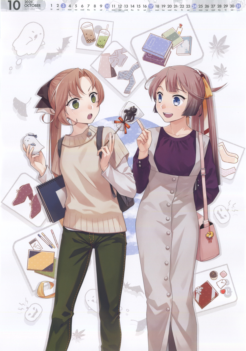 2girls absurdres akigumo_(kantai_collection) blue_eyes blush brown_hair collarbone fujikawa green_eyes highres kantai_collection kazagumo_(kantai_collection) long_hair mole mole_under_eye multiple_girls official_art open_mouth ponytail smile upper_teeth