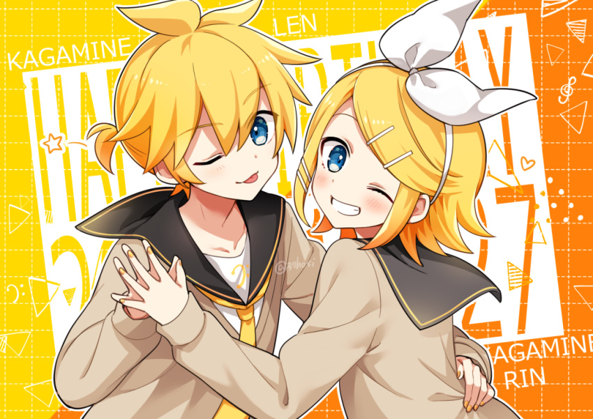 1boy 1girl :d :p bangs bass_clef birthday black_collar blonde_hair blue_eyes bow brown_sweater character_name collar commentary grey_collar grid_background grin hair_bow hair_ornament hairclip hand_on_another's_waist hands_together happy_birthday heart kagamine_len kagamine_rin looking_at_viewer minahoshi_taichi necktie one_eye_closed open_mouth sailor_collar school_uniform shirt short_hair short_ponytail smile spiky_hair star_(symbol) sweater swept_bangs tongue tongue_out treble_clef triangle twitter_username upper_body vocaloid white_bow white_shirt yellow_neckwear
