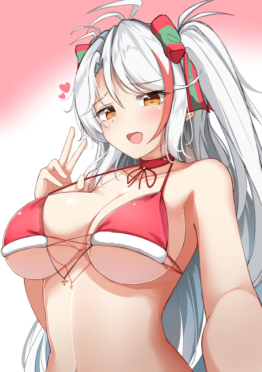 1girl :d absurdres azur_lane breasts calligraphy_brush_(medium) choker eyebrows_visible_through_hair heart highres large_breasts long_hair looking_at_viewer moyoron multicolored_hair open_mouth orange_hair pen prinz_eugen_(azur_lane) red_choker redhead self_shot silver_hair smile solo strap_gap streaked_hair twintails two-tone_hair upper_body v