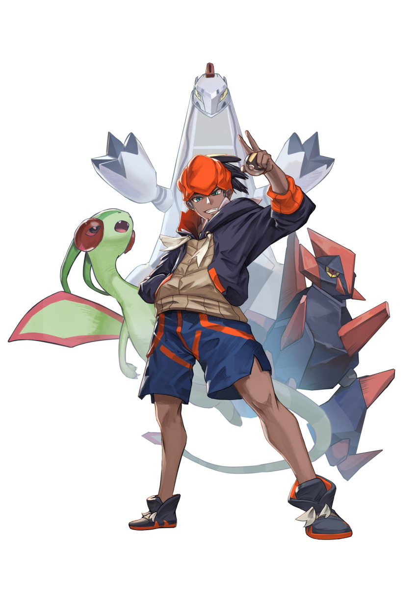 1boy 3others absurdres aqua_eyes black_footwear black_hair black_hoodie blue_shorts champion_uniform dark_skin dark_skinned_male drawstring duraludon dynamax_band fang flygon full_body gen_3_pokemon gen_5_pokemon gen_8_pokemon gigalith grin gym_leader hand_in_pocket highres holding holding_poke_ball hood hood_down hoodie malharmonics multiple_others orange_headwear poke_ball pokemon pokemon_(creature) pokemon_(game) pokemon_swsh raihan_(pokemon) shoes shorts side_slit side_slit_shorts smile sneakers solo_focus tareme ultra_ball v white_background