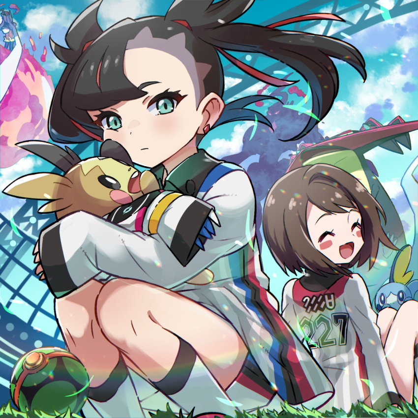 2girls asymmetrical_bangs bangs black_hair blush blush_stickers bob_cut brown_hair cinderace closed_eyes closed_mouth clouds collared_shirt commentary_request day dragapult dusk_ball earrings eyelashes fire floating_hair from_below gen_8_pokemon gigantamax gigantamax_cinderace gigantamax_grimmsnarl gloria_(pokemon) gloves grass green_eyes grimmsnarl gym_challenge_uniform hair_ribbon jewelry kingin knees long_sleeves looking_at_viewer marnie_(pokemon) morpeko morpeko_(full) multiple_girls number open_mouth poke_ball pokemon pokemon_(creature) pokemon_(game) pokemon_swsh red_ribbon ribbon shirt short_hair shorts single_glove sky sleeves_past_wrists sobble socks squatting tongue |d