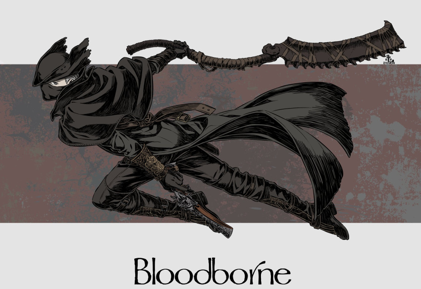 1boy bandages belt bloodborne boots capelet cloak coat english_text gloves grey_eyes grey_hair gun hat highres holding holding_gun holding_weapon hunter_(bloodborne) kamezaemon looking_back male_focus mask mouth_mask one_eye_covered saw_cleaver short_hair simple_background solo tricorne weapon
