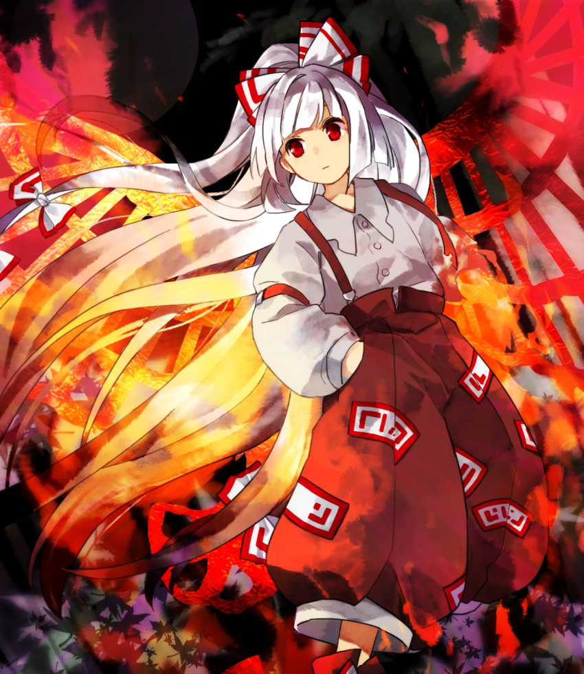 1girl bangs blunt_bangs boots bow closed_mouth collared_shirt commentary_request dutch_angle expressionless eyebrows_behind_hair feet_out_of_frame fire flat_chest floating_hair fujiwara_no_mokou hair_bow hands_in_pockets highres juliet_sleeves kaigen_1025 leaf long_hair long_sleeves looking_ahead maple_leaf ofuda_on_clothes pants puffy_sleeves red_bow red_eyes red_footwear red_pants shirt solo standing suspenders touhou two-tone_bow very_long_hair white_bow white_hair white_shirt