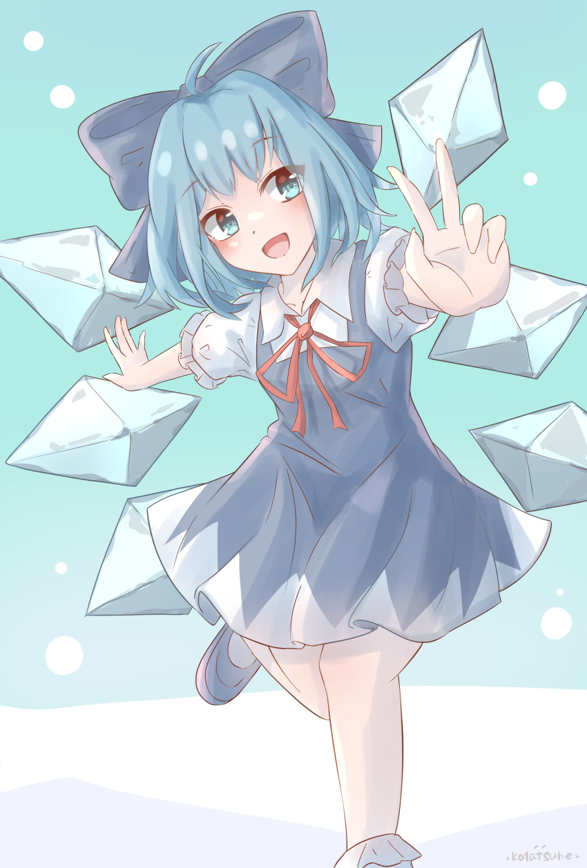 1girl absurdres ahoge aqua_background artist_name bangs blue_bow blue_dress blue_eyes blue_hair bow cirno commentary_request dress eyebrows_visible_through_hair eyes_visible_through_hair flat_chest foot_out_of_frame foreshortening gradient gradient_background hair_bow highres ice ice_wings knees_together_feet_apart kotatsune looking_to_the_side neck_ribbon outstretched_arm puffy_short_sleeves puffy_sleeves red_neckwear red_ribbon ribbon shirt short_sleeves simple_background solo touhou v white_shirt wings