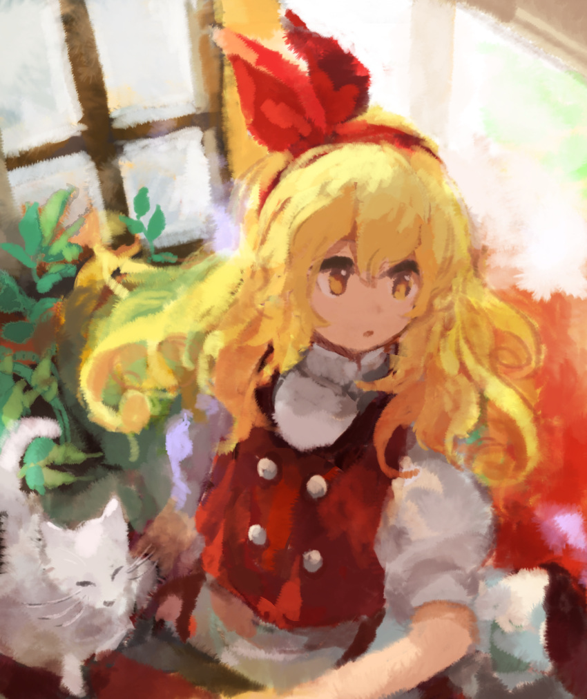 1girl :o animal bangs blonde_hair buttons cat commentary_request curly_hair ellen_(touhou) eyebrows_behind_hair flat_chest hair_between_eyes hair_ribbon hairband highres indoors kaigen_1025 long_hair looking_to_the_side plant puffy_short_sleeves puffy_sleeves red_hairband red_ribbon red_vest ribbon shirt short_sleeves sitting solo table touhou touhou_(pc-98) turtleneck upper_body vest wavy_hair white_cat white_shirt window yellow_eyes