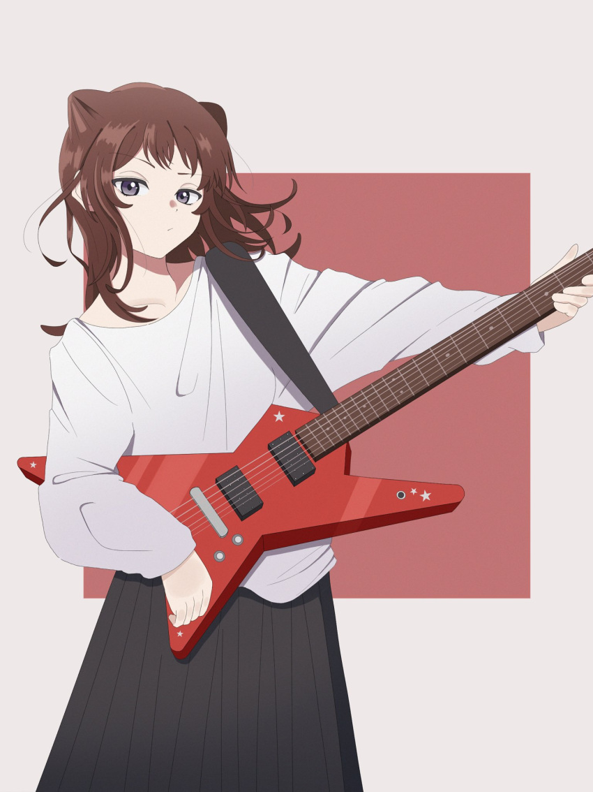 1girl bang_dream! bangs black_eyes black_skirt brown_hair electric_guitar guitar highres holding holding_instrument instrument long_hair long_sleeves shirt skirt solo toyama_kasumi upper_body white_shirt yasou0049