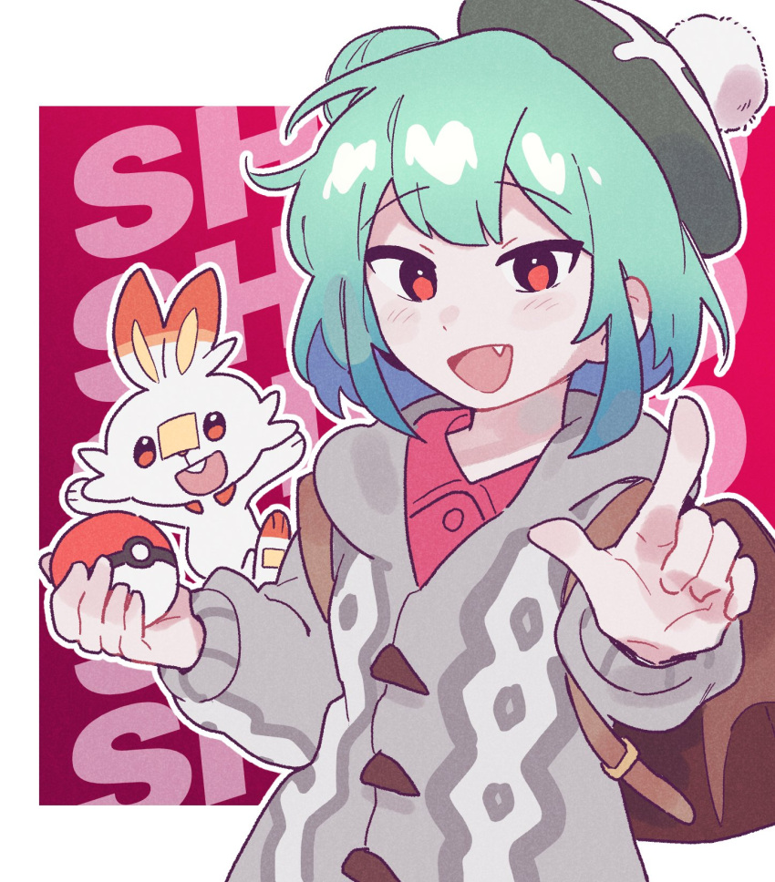 1girl adan_imas backpack bag cardigan cosplay fang gen_8_pokemon gloria_(pokemon) gloria_(pokemon)_(cosplay) green_hair grey_cardigan hair_bun hat highres holding holding_poke_ball hololive pointing poke_ball pokemon pokemon_(game) pokemon_swsh red_background red_eyes scorbunny tam_o'_shanter uruha_rushia virtual_youtuber