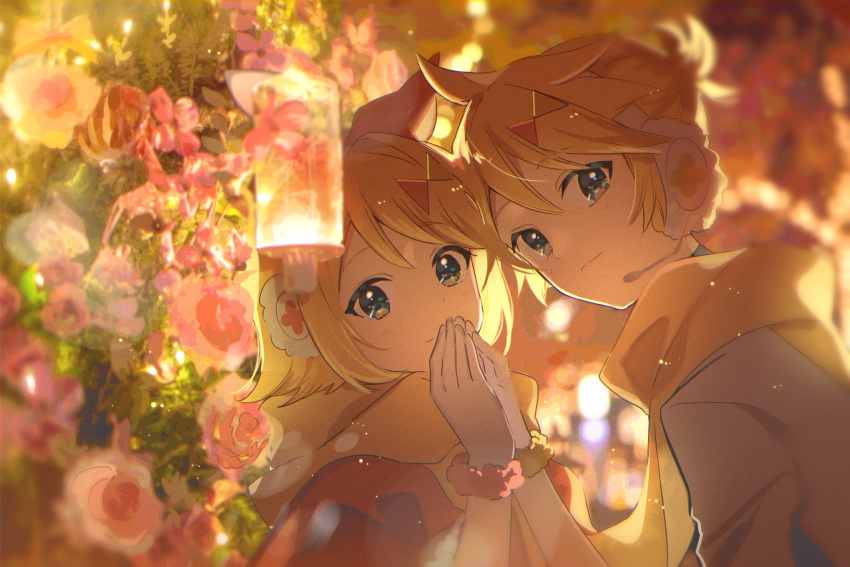 1boy 1girl blonde_hair blue_eyes bow commentary flower gloves hair_bow hair_ornament hairclip hands_together headphones highres jacket kagamine_len kagamine_rin lantern light_particles looking_at_viewer magical_mirai_(vocaloid) omutatsu orange_bow orange_capelet scarf scrunchie short_hair short_ponytail smile spiky_hair two-tone_bow upper_body vocaloid white_bow white_gloves white_jacket wrist_scrunchie yellow_scarf