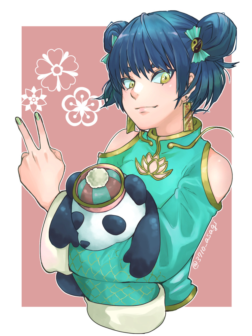 1girl 3710_asagi_(timeeeeeez) black_hair china_dress chinese_clothes dress earrings green_nails highres holding holding_stuffed_toy jewelry long_sleeves original short_hair simple_background stuffed_animal stuffed_panda stuffed_toy twitter_username upper_body v yellow_eyes yin_yang