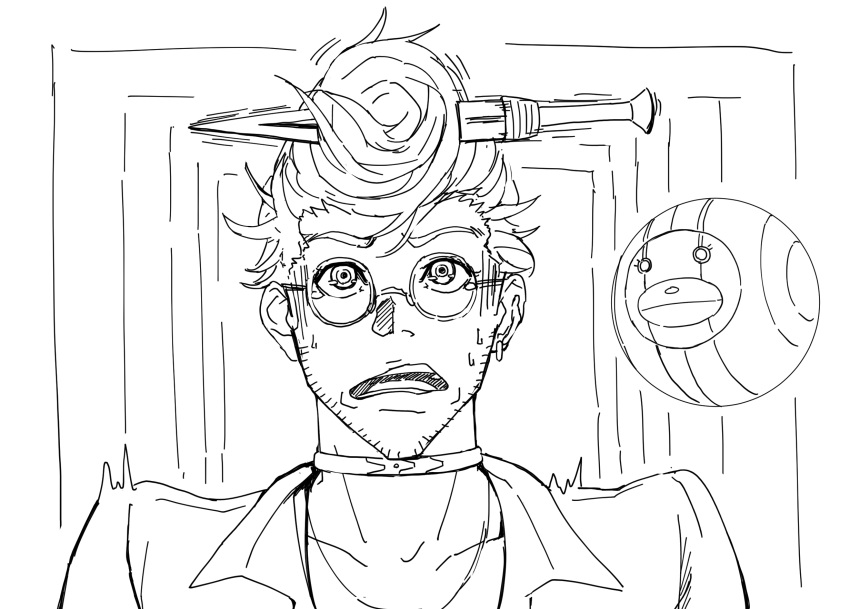 1boy :o akudama_drive collar facial_hair glasses greyscale highres hoodlum_(akudama_drive) indoors jewelry knife_in_hair looking_at_viewer male_focus monochrome orb scared simple_background single_earring solo sosona stubble sweatdrop upper_body white_background