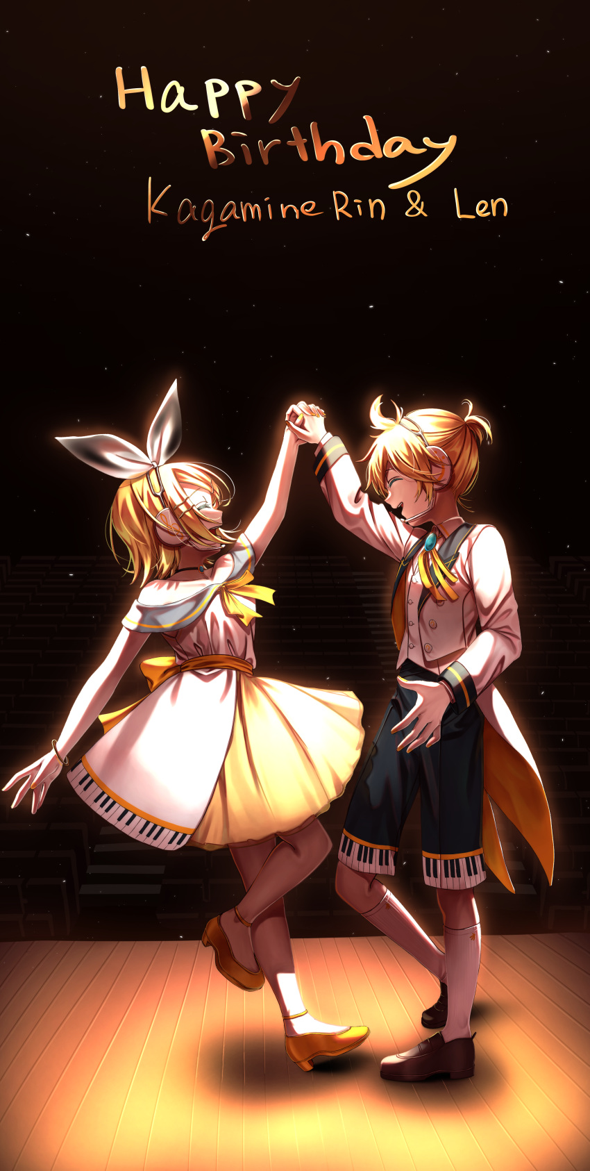 1boy 1girl absurdres black_background black_shorts blonde_hair bow bracelet brooch character_name closed_eyes dancing dress from_side hair_bow hair_ornament hairclip hand_up happy_birthday headphones headset high_heels highres holding_hands inu8neko jewelry kagamine_len kagamine_rin kneehighs light_particles mary_janes nail_polish neck_ribbon open_mouth piano_print ribbon shirt shoes short_ponytail shorts skirt smile spiky_hair spotlight stage vest vocaloid white_bow white_dress white_footwear white_shirt white_vest wooden_floor yellow_footwear yellow_nails yellow_neckwear yellow_skirt