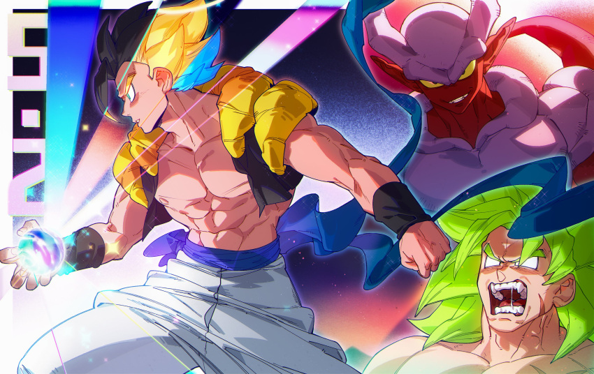 3boys abs angry backlighting baggy_pants bangs belt black_hair blonde_hair blue_belt blue_hair broly_(dragon_ball_super) clenched_hand clenched_teeth colorful dark_background dragon_ball dragon_ball_super dragon_ball_super_broly dragon_ball_z energy_ball evil_smile expressionless facing_away facing_viewer feet_out_of_frame fighting_stance fingernails frown glowing gogeta gradient gradient_background green_eyes green_hair growling halo highres horns janemba legs_apart light_particles light_rays looking_at_viewer male_focus messy_hair metamoran_vest multiple_boys muscular no_pupils open_mouth pants parted_lips pectorals pink_background pointy_ears profile purple_background qiashucai saliva saliva_trail scar scar_on_chest sharp_teeth smile sparkle spiky_hair split_theme standing stardust_breaker super_saiyan super_saiyan_1 super_saiyan_blue super_saiyan_full_power tail teeth veins white_pants wristband