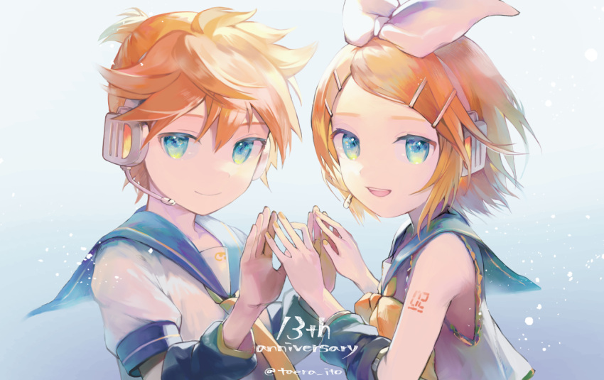 1boy 1girl anniversary arm_warmers bangs bare_shoulders bass_clef black_collar blonde_hair blue_eyes bow collar commentary crop_top fingers_together from_side hair_bow hair_ornament hairclip headphones headset ito_taera kagamine_len kagamine_rin looking_at_viewer looking_to_the_side nail_polish neckerchief necktie open_mouth sailor_collar school_uniform shirt short_hair short_ponytail short_sleeves shoulder_tattoo sleeveless sleeveless_shirt smile spiky_hair swept_bangs tattoo twitter_username upper_body vocaloid white_bow white_shirt yellow_nails yellow_neckwear