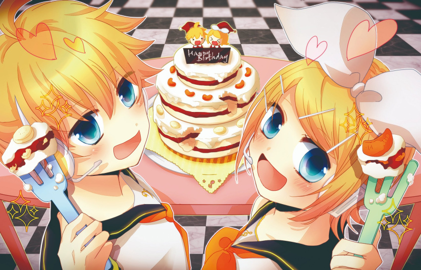 1boy 1girl bangs bass_clef black_collar blonde_hair blue_eyes bow cake checkered checkered_floor collar commentary food fork from_above from_behind hair_bow hair_ornament hairclip headphones headset heart highres holding holding_fork kagamine_len kagamine_rin kanami_(knmstar) layered_cake looking_at_viewer looking_back neckerchief necktie sailor_collar school_uniform shirt short_hair short_ponytail sparkle spiky_hair swept_bangs table treble_clef upper_body vocaloid white_bow white_shirt yellow_neckwear