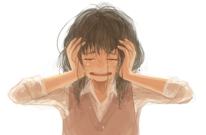 1girl bangs black_hair closed_eyes collared_shirt crying hands_on_own_head highres long_sleeves mame_usagi open_mouth original shirt simple_background solo sweater_vest tears upper_body white_background white_shirt
