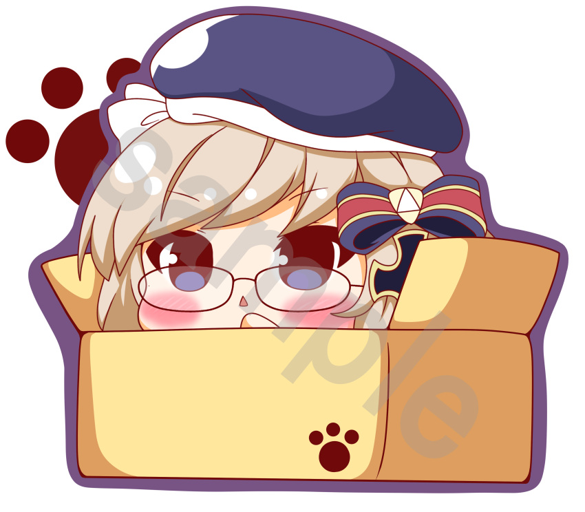 1girl :&lt; absurdres azur_lane bangs beret black-framed_eyewear blue_eyes blue_headwear blush bow box brown_hair cardboard_box chibi commentary_request eyebrows_visible_through_hair glasses hair_bow hand_up hat highres in_box in_container kurukurumagical outline parted_lips purple_outline sample solo striped striped_bow triangle_mouth white_background z23_(azur_lane)