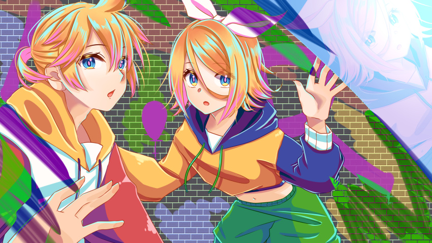 1boy 1girl balloon blonde_hair blue_eyes bow brick_wall colorful commentary drawstring feathers hair_bow highres hood hoodie kagamine_len kagamine_rin looking_at_viewer midriff navel open_mouth orange_hoodie ponta_(poqpon) reflection short_ponytail shorts spiky_hair upper_body vocaloid white_bow