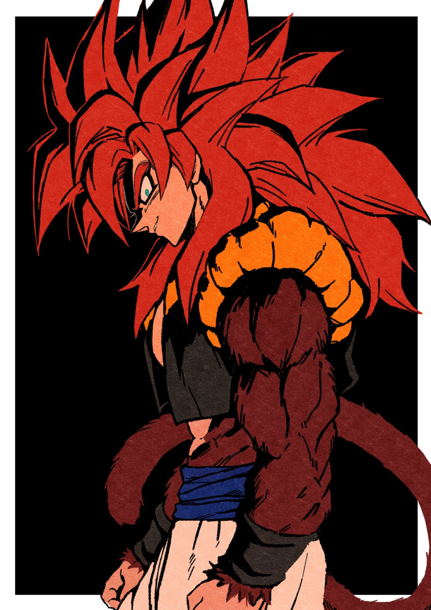 1boy bangs brown_fur closed_mouth dragon_ball dragon_ball_gt from_side fusion_dance gogeta highres looking_at_viewer metamoran_vest monkey_boy monkey_tail pants parted_lips profile redhead relio_db318 simple_background smile solo spiky_hair standing super_saiyan super_saiyan_4 tail white_pants