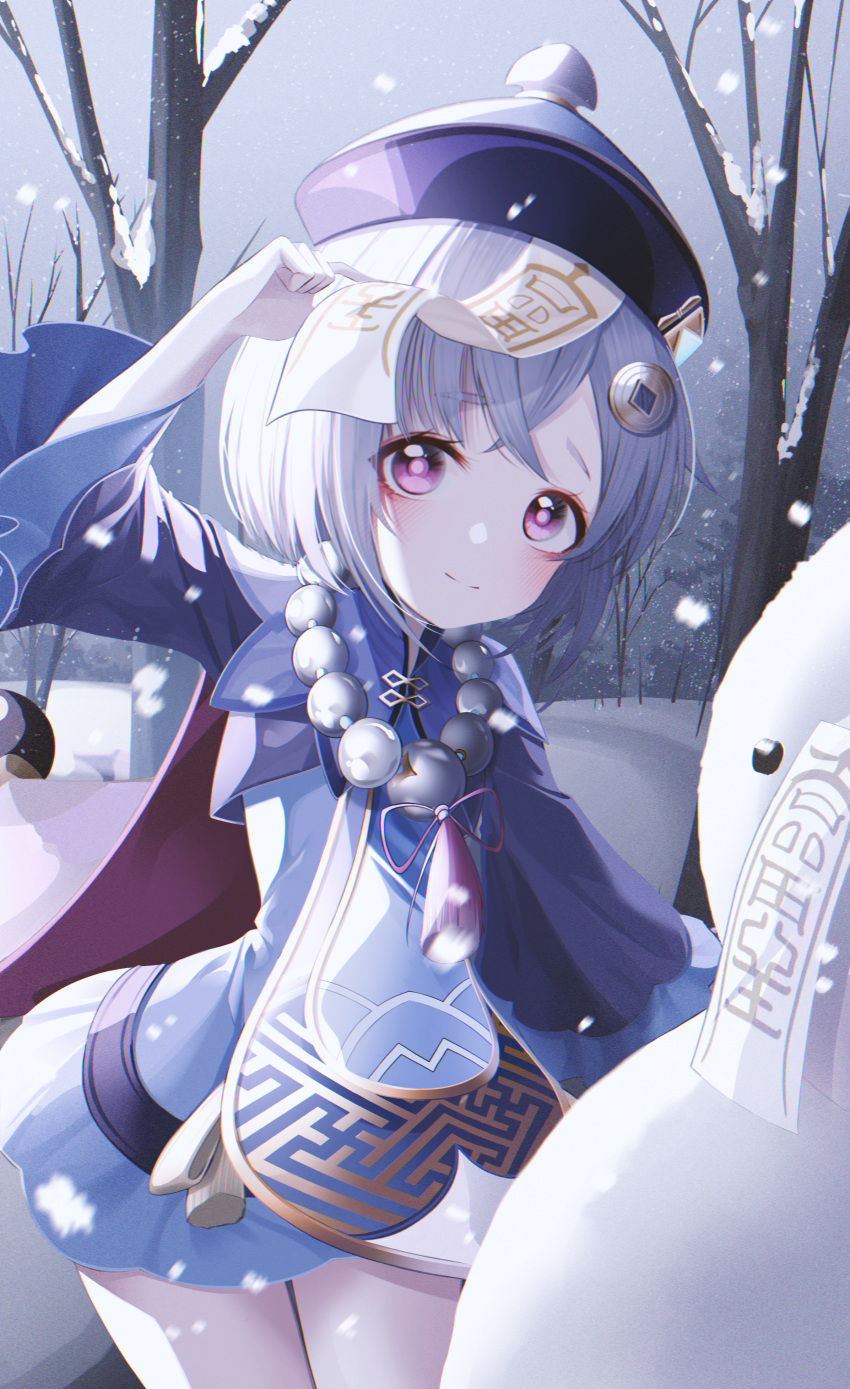 1girl absurdres bangs bead_necklace beads blush braid coin coin_hair_ornament genshin_impact hair_between_eyes hat highres huge_filesize jewelry kanzi long_sleeves looking_at_viewer necklace purple_hair purple_headwear qing_guanmao qiqi snowing snowman talisman thighs tree violet_eyes wide_sleeves