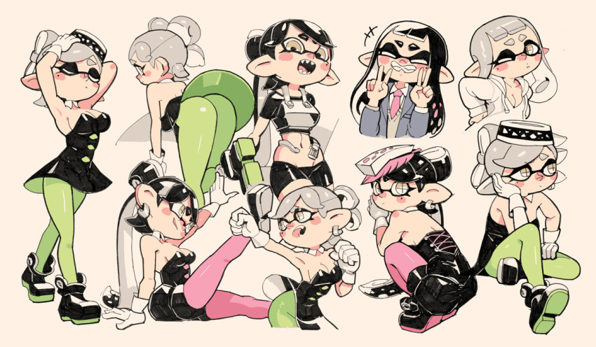 +_+ 2girls adjusting_clothes adjusting_headwear aori_(splatoon) armpits ass black_dress black_hair black_jumpsuit black_shirt black_shorts blush closed_eyes coat cousins domino_mask double_v drawstring dress food food_on_head gloves green_legwear grey_coat grey_hair hood hood_down hoodie hotaru_(splatoon) long_hair mask midriff mole mole_under_eye multiple_girls navel necktie object_on_head one_eye_closed open_mouth pantyhose purple_legwear red_neckwear sharp_teeth shirt short_jumpsuit shorts simple_background sitting splatoon_(series) standing strapless strapless_dress strapless_jumpsuit tan_background teeth tentacle_hair v white_gloves white_hoodie yellow_eyes yuta_agc