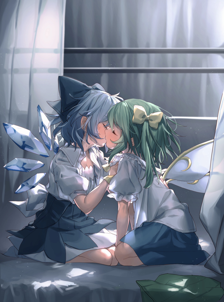 2girls absurdres blue_bow blue_hair blue_skirt blush bow cirno closed_eyes commentary_request commission curtains daiyousei fairy_wings from_side green_hair hair_bow highres ice ice_wings indoors kiss long_hair masanaga_(tsukasa) multiple_girls puffy_sleeves shirt short_hair sitting skeb_commission skirt sweat touhou white_shirt wings yellow_bow yuri