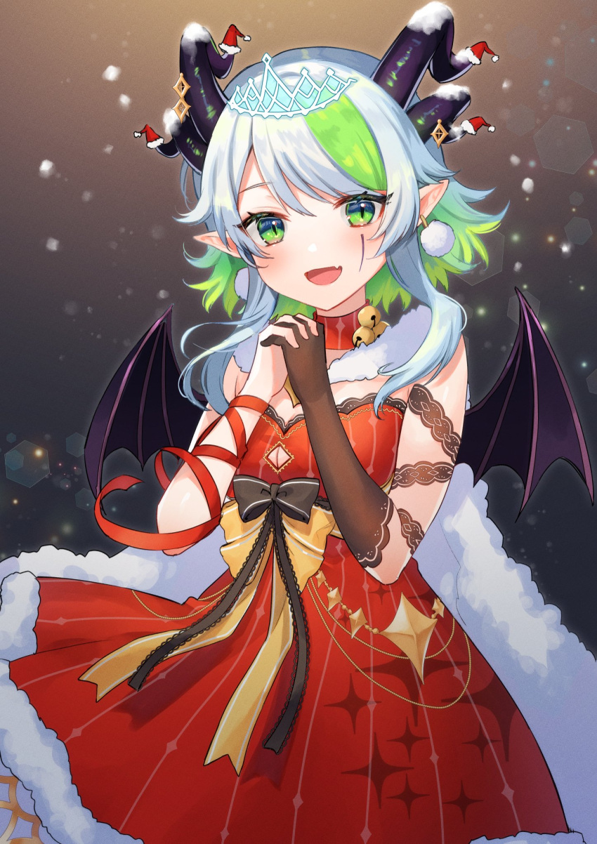 1girl :d aqua_hair bell bell_collar black_gloves bow brown_bow bsapricot_(vtuber) christmas collar commentary commission cowboy_shot demon_horns demon_wings detached_sleeves dress english_commentary fang gloves green_eyes green_hair hat highres horns interlocked_fingers kura_noi looking_at_viewer multicolored_hair open_mouth pointy_ears red_dress red_ribbon ribbon santa_hat skeb_commission slit_pupils smile solo two-tone_hair virtual_youtuber vshojo wings