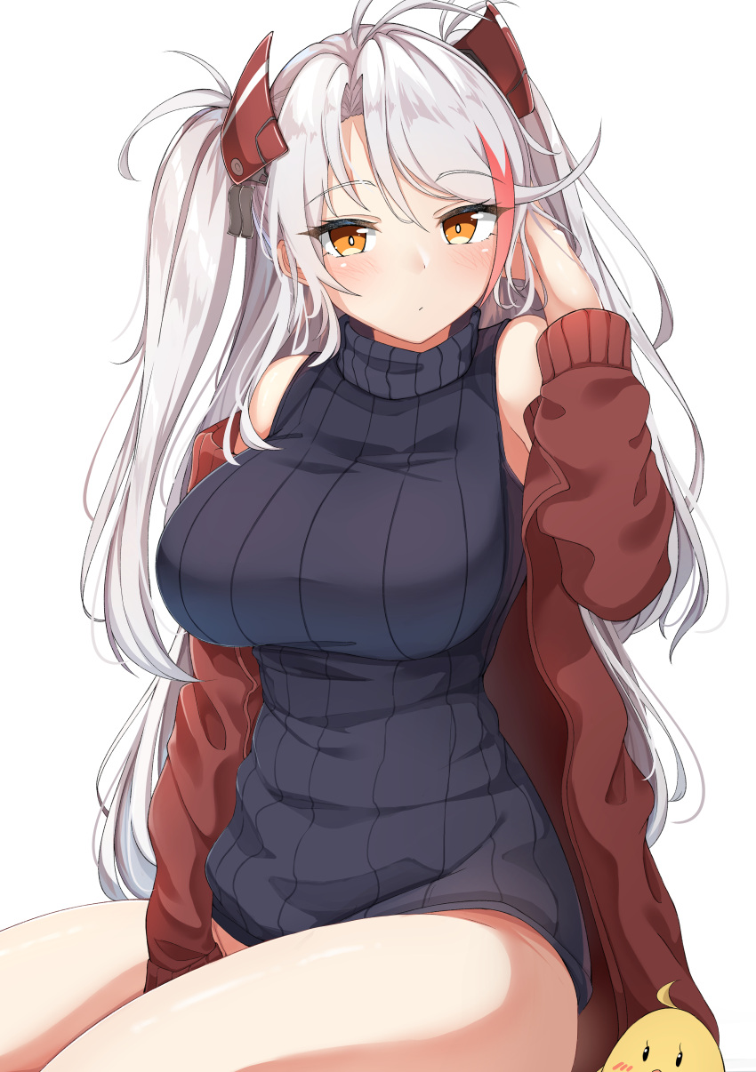 1girl absurdres azur_lane bangs black_sweater blush breasts brown_eyes brown_jacket closed_mouth eyebrows_visible_through_hair hair_between_eyes hand_up headgear highres jacket large_breasts long_hair long_sleeves looking_at_viewer moyoron multicolored_hair off_shoulder open_clothes open_jacket parted_bangs prinz_eugen_(azur_lane) redhead simple_background sitting sleeveless sleeveless_sweater sleeveless_turtleneck smile solo streaked_hair sweater turtleneck turtleneck_sweater two_side_up very_long_hair white_background white_hair