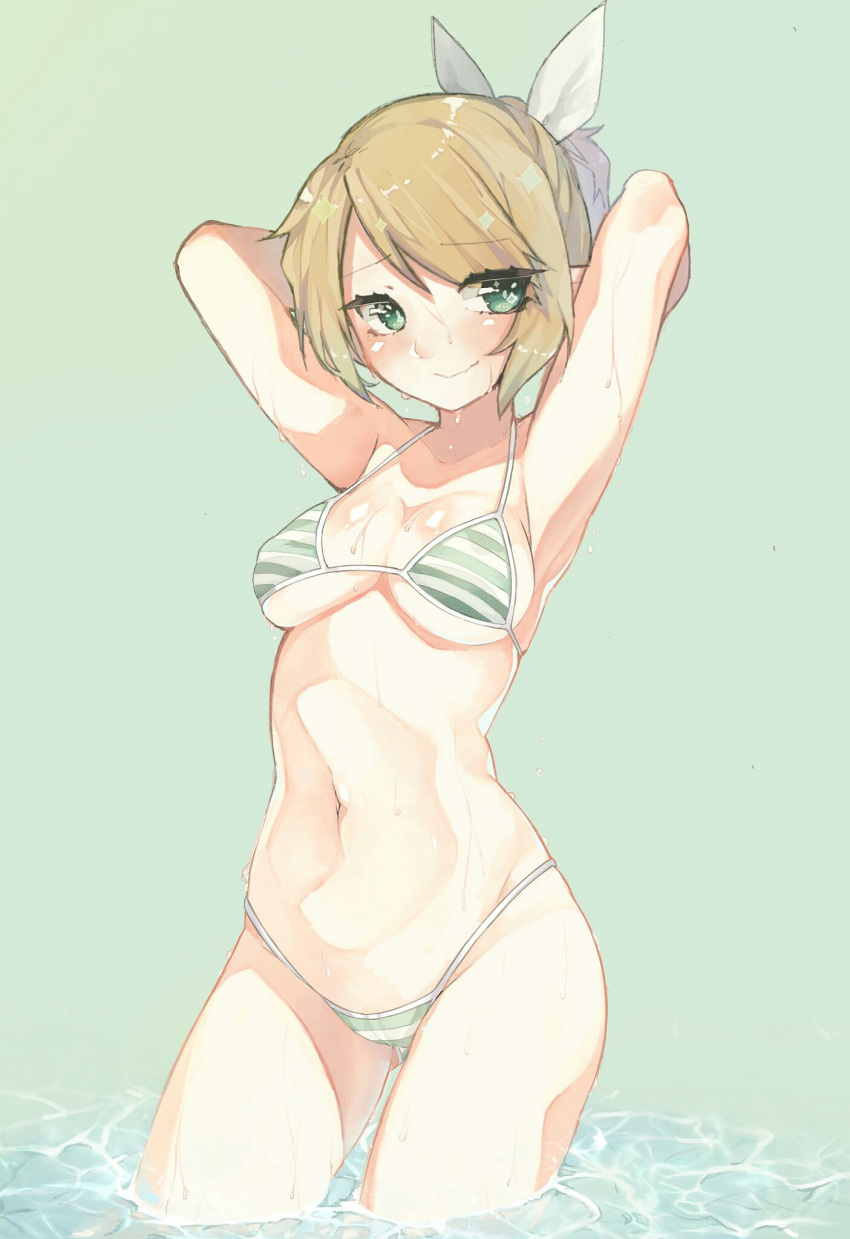 1girl alternate_costume armpits arms_behind_back arms_up bangs bikini blonde_hair blush body_blush bow breasts closed_mouth collarbone commentary_request cowboy_shot embarrassed eyebrows_visible_through_hair eyes_visible_through_hair green_background green_bikini green_eyes hair_between_eyes hair_bow highres looking_to_the_side medium_breasts mizuhashi_parsee navel pointy_ears sakuratsuki short_hair short_ponytail simple_background smile solo standing stomach striped striped_bikini swimsuit touhou water wavy_mouth wet white_bikini white_bow