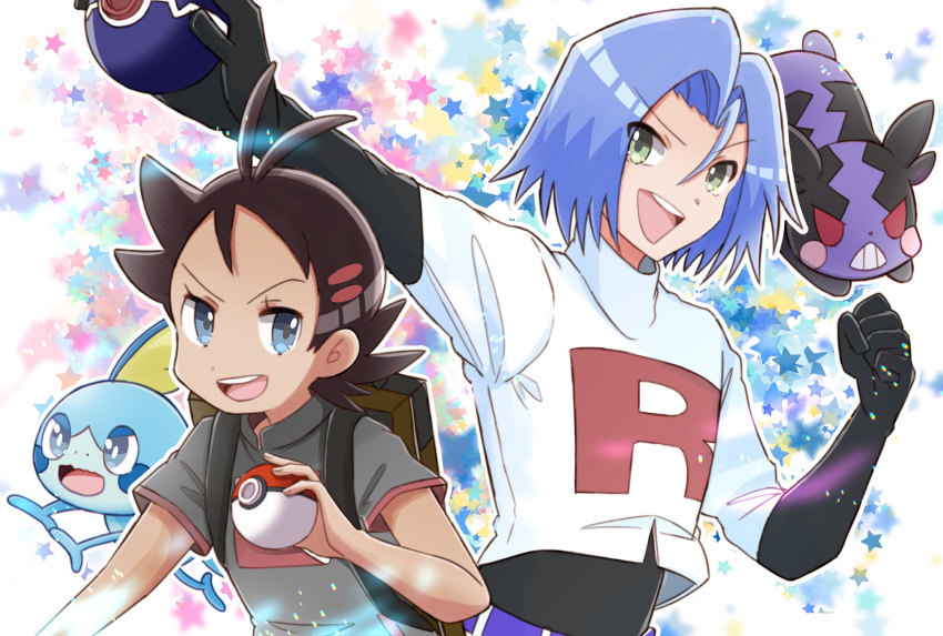 2boys gen_8_pokemon goh_(pokemon) highres hutao_poke james_(pokemon) morpeko multiple_boys poke_ball pokemon pokemon_(anime) pokemon_(creature) smile sobble team_rocket