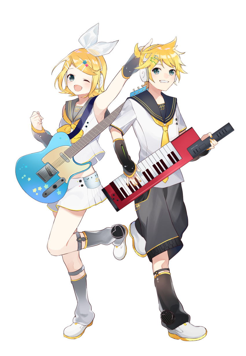1boy 1girl absurdres arm_up arm_warmers bangs bare_shoulders black_collar black_shorts blonde_hair blue_eyes bow collar commentary crop_top electric_guitar fortissimo full_body grey_collar grey_sleeves grin guitar hair_bow hair_ornament hairclip headphones heart highres holding holding_instrument instrument kagamine_len kagamine_len_(vocaloid4) kagamine_rin kagamine_rin_(vocaloid4) keytar leg_warmers looking_at_viewer miniskirt music nail_polish neckerchief necktie official_art omutatsu one_eye_closed open_mouth outstretched_arm playing_instrument pleated_skirt sailor_collar school_uniform see-through_sleeves shirt short_hair short_ponytail short_sleeves shorts skirt sleeveless sleeveless_shirt smile spiky_hair standing star_(symbol) star_hair_ornament suspenders swept_bangs v4x vocaloid vocaloid_boxart_pose white_background white_bow white_footwear white_shirt white_skirt yellow_nails yellow_neckwear
