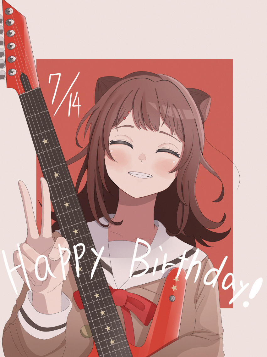 1girl absurdres bang_dream! blush brown_hair brown_shirt closed_eyes dated electric_guitar guitar hand_up happy_birthday highres instrument long_hair long_sleeves parted_lips red_neckwear sailor_collar shirt smile solo toyama_kasumi upper_body v white_sailor_collar yasou0049
