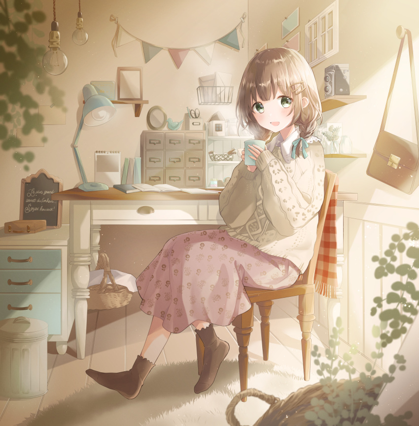 1girl ankle_socks arms_up bag bangs barrett basket blurry_foreground blush braid brown_legwear brown_sweater cabinet camera ceiling_light chair chalkboard coffee_mug commentary_request cup desk desk_lamp envelope floral_print french_text green_eyes hair_ornament hair_ribbon hairclip handbag highres holding holding_cup hoshiibara_mato indoors jar lamp light_brown_hair light_bulb looking_at_viewer low_braid mug open_mouth original picture_frame pink_skirt plant ribbon rug scissors shelf shirt short_hair sitting skirt sleeves_past_wrists solo streamers sweater table trash_can twin-lens_reflex_camera twin_braids white_shirt wooden_floor