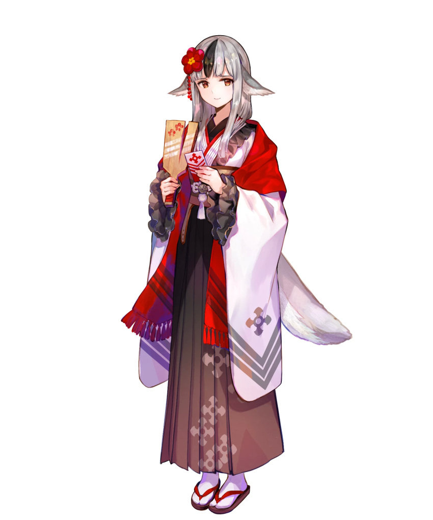 1girl animal_ears bangs black_hair fire_emblem fire_emblem_fates fire_emblem_heroes full_body fuzichoco grey_hair highres japanese_clothes kimono multicolored_hair official_art sandals solo tabi tail transparent_background velouria_(fire_emblem) white_legwear wolf_ears wolf_tail