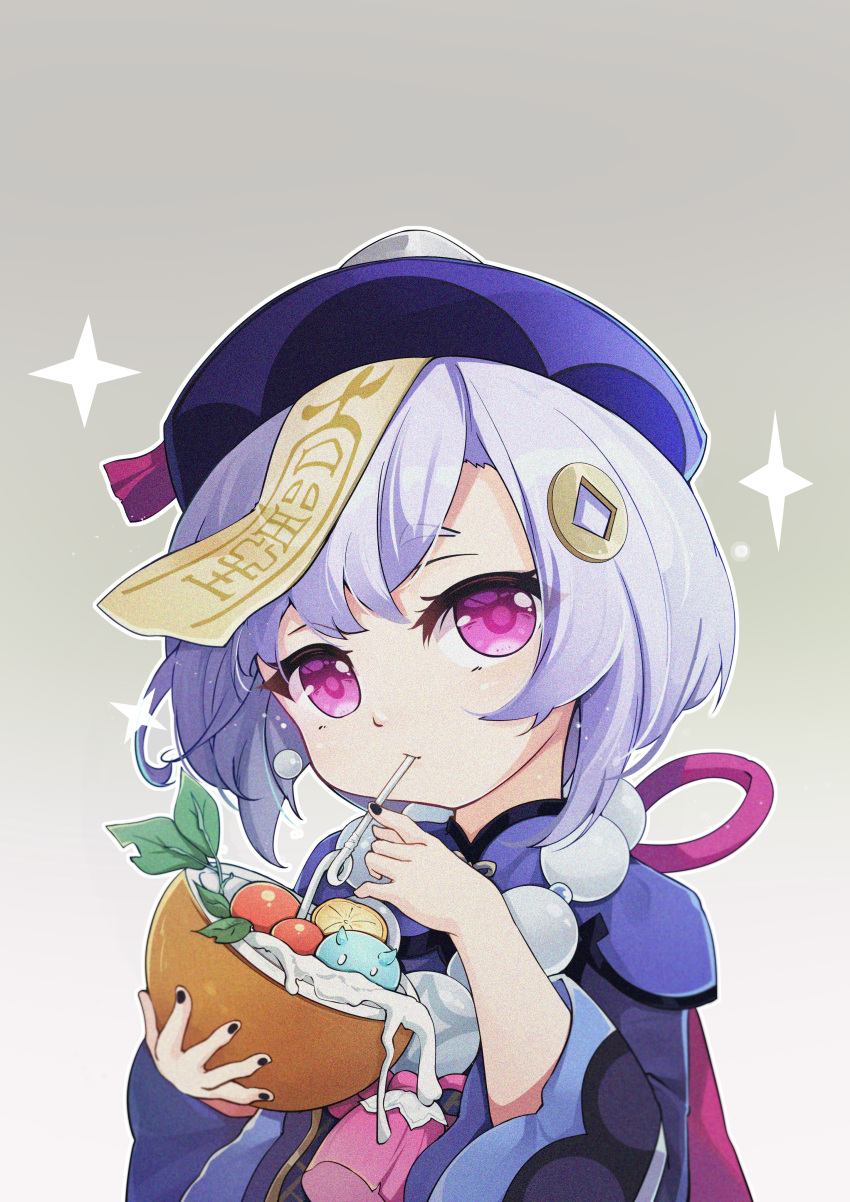 1girl absurdres bangs bead_necklace beads blush braid coconut coin coin_hair_ornament drinking drinking_straw food_request genshin_impact hair_between_eyes hat highres jewelry long_sleeves looking_at_viewer necklace purple_hair purple_headwear qing_guanmao qingye_ling qiqi slime_(genshin_impact) solo sparkle star_(symbol) talisman violet_eyes wide_sleeves