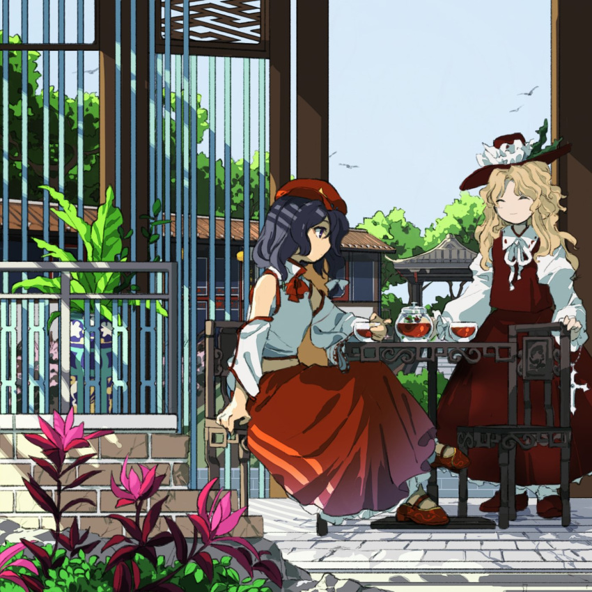 2girls blonde_hair blue_eyes blue_hair bow brown_footwear brown_headwear brown_skirt brown_vest cabbie_hat chair closed_eyes closed_mouth collared_shirt cross cup detached_sleeves dolls_in_pseudo_paradise flat_cap flower frilled_hat frilled_skirt frills happy hat hat_feather highres holding holding_cup jacket_girl_(dipp) juliet_sleeves kaigen_1025 label_girl_(dipp) long_hair long_skirt long_sleeves mary_janes midriff midriff_peek multiple_girls navel no_socks off_shoulder outdoors puffy_sleeves red_bow red_footwear red_neckwear red_skirt ribbon shirt shoes side_ponytail sitting skirt socks standing table teacup teapot touhou vest wavy_hair white_bow white_neckwear white_ribbon white_shirt white_vest wide_sleeves