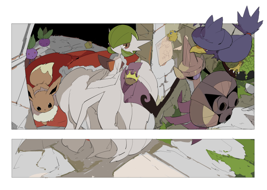 1girl aegislash altaria apios1 arrow_(symbol) bangs bare_shoulders berry_(pokemon) bird black_eyes black_sclera blank_eyes blue_eyes cape claws closed_eyes closed_mouth colored_skin commentary crown dress eevee elbow_gloves flat_chest full_body fur-trimmed_cape fur_trim gardevoir gen_1_pokemon gen_2_pokemon gen_3_pokemon gen_5_pokemon gen_6_pokemon gloves grass green_hair hair_over_one_eye hands_together hanging_plant happy highres holding joltik looking_at_another looking_up mega_gardevoir mega_pokemon minccino moss murkrow no_mouth oddish one-eyed open_mouth paper pokemon pokemon_(creature) red_cape red_eyes shield short_hair sign sitrus_berry sitting smile strapless strapless_dress sword violet_eyes weapon white_gloves white_skin yellow_headwear