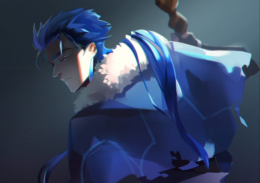1boy blue_hair capelet closed_mouth cu_chulainn_(fate)_(all) cu_chulainn_(fate/grand_order) earrings expressionless fate/grand_order fate_(series) from_side fur-trimmed_hood fur_trim holding holding_staff hood hood_down hooded_capelet jewelry long_hair male_focus matako_(a27705197) red_eyes solo spiky_hair staff type-moon