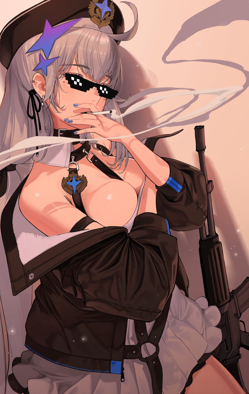 1girl ahoge assault_rifle badge beret black_jacket blue_eyes blue_nails blush breasts character_request choker cigarette crossed_arms deal_with_it destiny_child ear_piercing grey_hair gun hair_ornament hair_ribbon hat highres jacket piercing ribbon rifle smoke smoking sunglasses weapon zig90