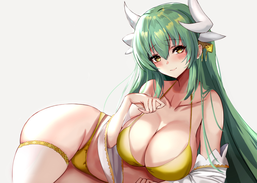 1girl bikini blush breasts closed_mouth collarbone commentary dragon_girl dragon_horns eyebrows_visible_through_hair fate/grand_order fate_(series) grey_background hair_between_eyes highres horns kiyohime_(fate/grand_order) kuro_(tbm9187) large_breasts leg_garter long_hair looking_at_viewer lying multiple_horns on_side simple_background skindentation smile swimsuit thighs wrist_cuffs yellow_bikini yellow_eyes