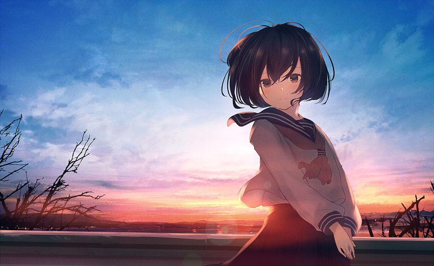 1girl absurdres bangs bare_tree black_hair brown_eyes closed_mouth clouds commentary_request eyelashes from_below hands_together highres huge_filesize lens_flare light_blush long_sleeves looking_at_viewer mifuru original school_uniform serafuku shirt short_hair sky tree twilight