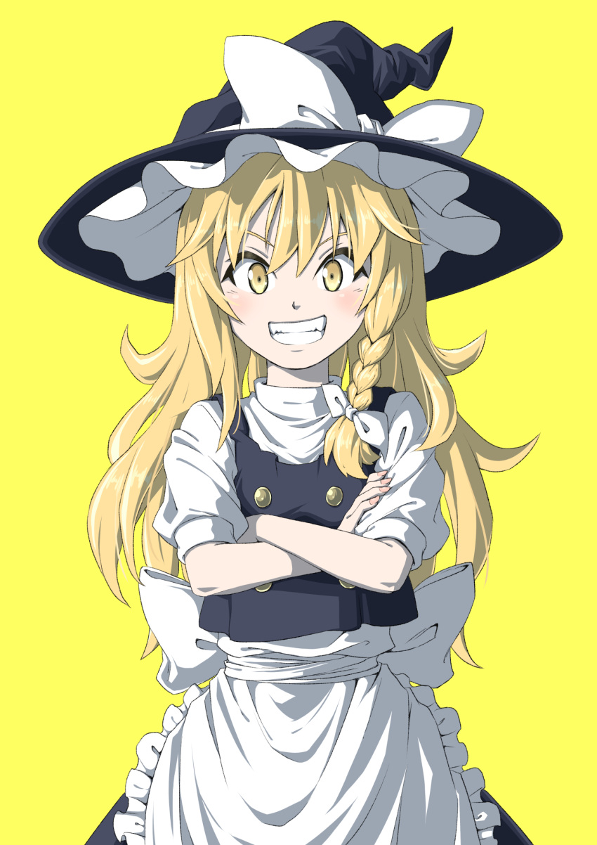 1girl apron black_headwear black_skirt black_vest blonde_hair blush bow braid buttons check_commentary clenched_teeth commentary_request cowboy_shot crossed_arms frilled_apron frills grin hair_bow hat hat_bow hat_ribbon highres inuno_rakugaki kirisame_marisa long_hair puffy_short_sleeves puffy_sleeves ribbon sash shirt short_sleeves side_braid single_braid skirt smile smug solo teeth touhou turtleneck v-shaped_eyebrows vest waist_apron white_apron white_bow white_ribbon white_sash white_shirt witch_hat yellow_background yellow_eyes