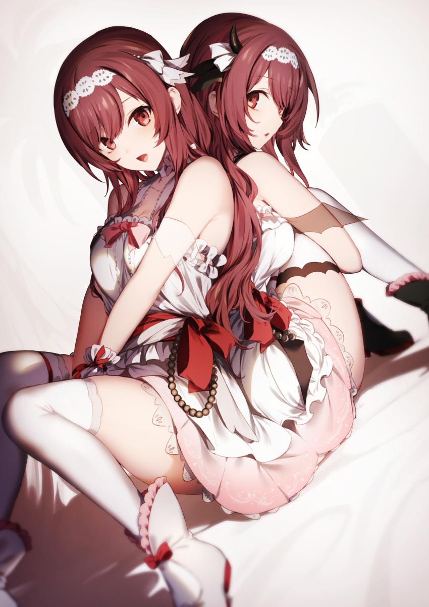 2girls bangs bare_shoulders breasts brown_eyes brown_hair dress genyaky hair_ribbon hairband highres idolmaster idolmaster_shiny_colors long_hair looking_at_viewer medium_breasts multiple_girls oosaki_amana oosaki_tenka open_mouth ribbon sash siblings sisters sitting twins white_dress