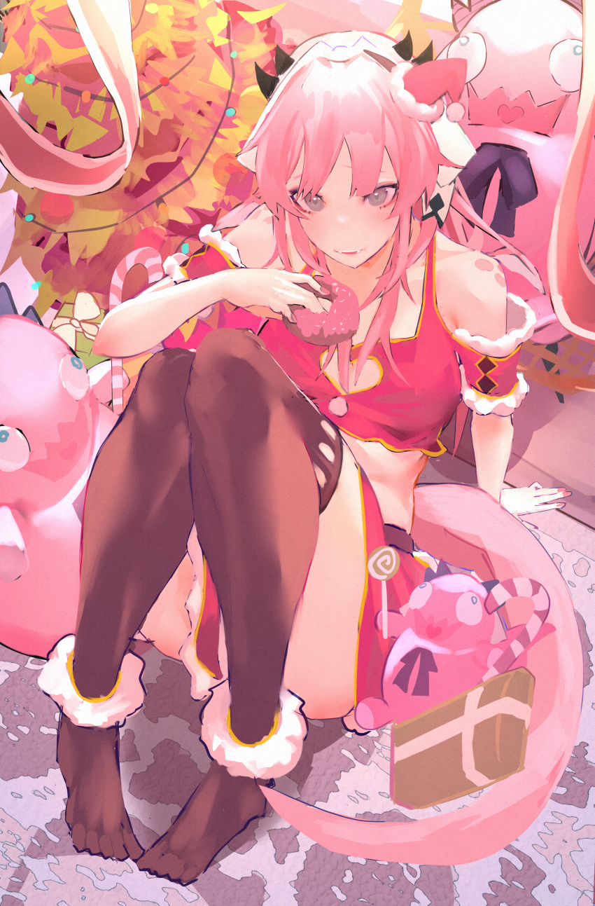 1girl absurdres armband atelier_live bangs black_legwear blue_eyes candy candy_cane christmas doughnut dragon_girl dragon_horns dragon_tail eyebrows_behind_hair food hand_on_ground hat highres holding holding_food horns huge_filesize kuzuryu_io looking_at_viewer mini_hat oekkusu pink_hair pink_nails red_skirt santa_hat sitting skirt solo tail thigh-highs virtual_youtuber