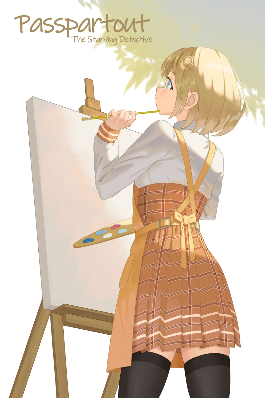 1girl absurdres back black_legwear blonde_hair blue_eyes breasts brown_skirt commentary cowboy_shot easel english_commentary english_text from_behind gear_hair_ornament high-waist_skirt highres hololive hololive_english karassawa long_sleeves looking_up medium_breasts paintbrush palette plaid plaid_skirt shirt short_hair simple_background skirt solo sunlight thigh-highs thinking virtual_youtuber watson_amelia white_background white_shirt zettai_ryouiki