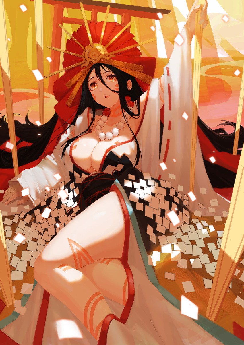 1girl absurdres arm_up bare_shoulders bead_necklace beads body_markings breasts brown_hair collarbone facial_mark fate/grand_order fate_(series) forehead forehead_mark headpiece highres himiko_(fate) japanese_clothes jewelry kimono large_breasts long_hair looking_at_viewer necklace off_shoulder open_mouth sash tatsuya_(dh-tatsuya) thighs white_kimono yellow_eyes